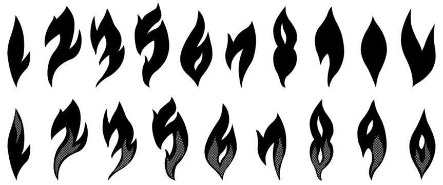 Fire flame silhouette icons vector set. Old school retro tatto, neo-tribal style collection. Isolted on transparent background.