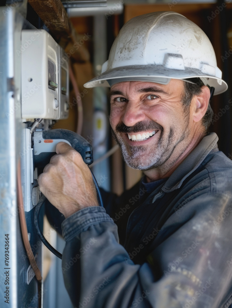 Poster a man in a hard hat is smiling while working on a project