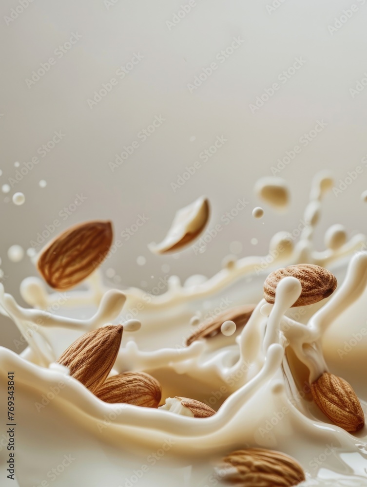 Poster a splash of milk with a few almonds floating in it