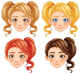 Four cartoon female faces with different hairstyles.