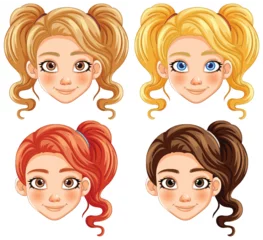 Küchenrückwand glas motiv Four cartoon female faces with different hairstyles. © GraphicsRF
