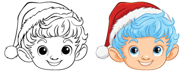 Colorful and line art elf faces with festive hats.