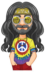 Colorful hippie with peace sign shirt and sunglasses.