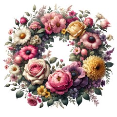 Vintage floral wreath with flowers and leaves isolated on white background. Floral arrangement.