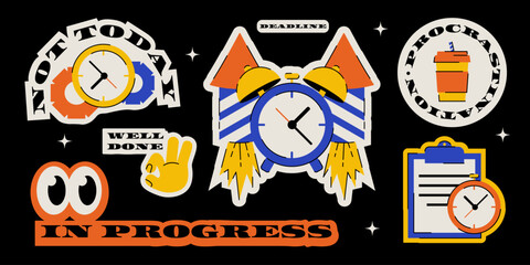 Trendy funny stickers on the topic of work, deadline and procrastination. Retro vector illustration on black dark background