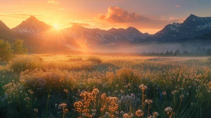 Rolgordijnen Sunrise Over Flowering Meadow and Mountain Range A breathtaking sunrise casting golden light over a blooming meadow with a majestic mountain range in the background. © nitiroj