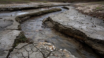 A cracked and parched riverbed its once flowing waters now reduced to a mere trickle unable to withstand the sweltering temperatures.