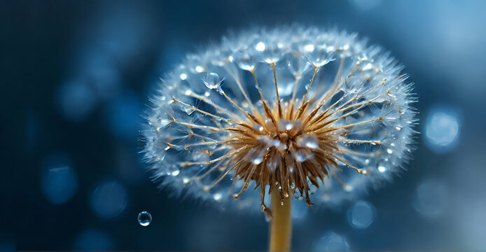 Beautiful dew drops on a dandelion seed macro. Beautiful blue background. Large golden dew drops on a parachute dandelion. Soft dreamy tender artistic ai generative