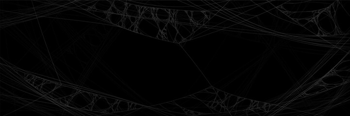 Halloween spider web spooky texture background. Scary black realistic spiderweb pattern with line art. Stretched arachnid hanging decoration on wall. Helloween goth horizontal banner illustration - obrazy, fototapety, plakaty