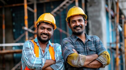photorealism of Portriat of engineer and construction worker team look at smile power telephoto lens cross lighting 