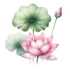 Watercolor lotus clipart with serene pink blooms and green lily pads. watercolor illustration.