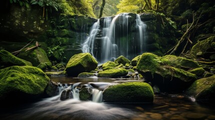 Fototapeta premium Pristine waterfall with moss covered rocks and greenery