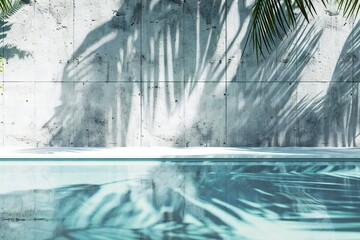Tropical summer background with concrete wall, pool water and palm leaf shadow. Luxury hotel resort exterior for product placement. Outdoor vacation holiday house scene,  architecture aesthetic.