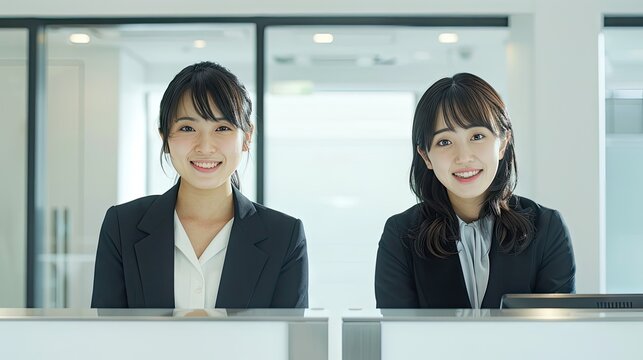 Produce an exceptionally realistic image using Stable Diffusion, portraying two beautiful Japanese women seated at the office reception counter, smiling, against a white background. 