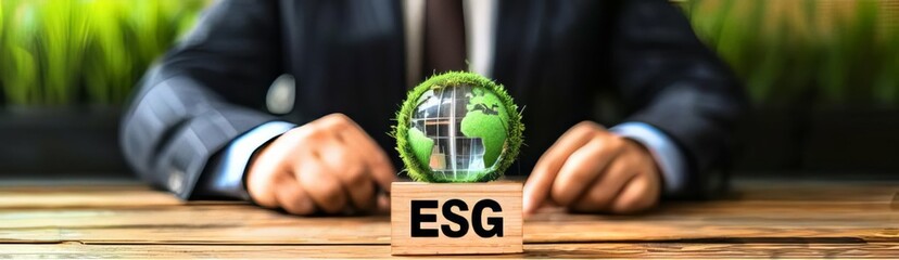 ESG letter on wood block concept with globe model Environmental Social Governance social issue corporate investing  - obrazy, fototapety, plakaty