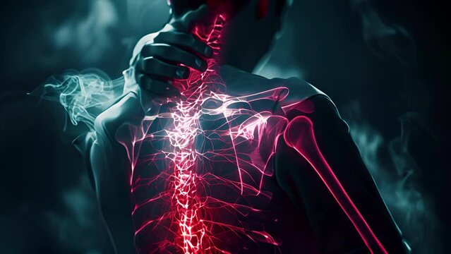 X-ray video of the spine and shoulder of a human with red color highlighting inflammation has a hand reaches back to massage their neck