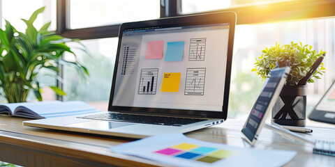 Designers latop computer with development ux graphic prototype application