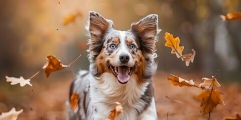 A dog joyfully stands amidst a pile of autumn leaves