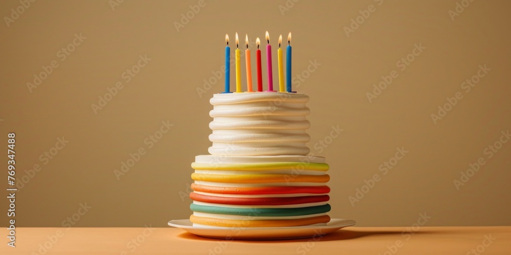 Poster a stack of vibrant and varied colored cake slices neatly arranged on a wooden table