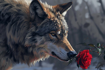 a wolf is smelling a beautiful red rose