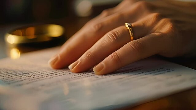Close up of a man's hand wearing wedding ring signing divorce papers