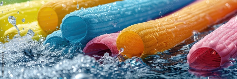 Poster lively and vibrant scene of people playing with colorful pool noodles in the water the noodles are c