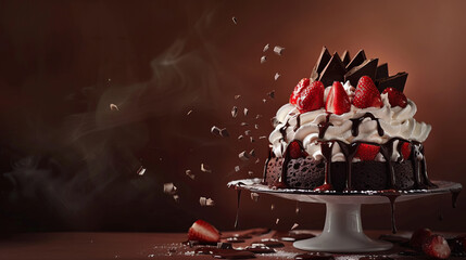 Magnificent chocolate cake with strawberries & whipped cream against a moody background - obrazy, fototapety, plakaty