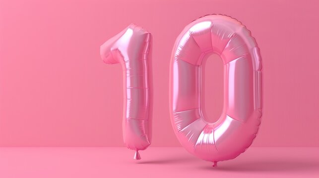 Giant pink number 10 balloons on a pink background, creating a monochromatic and celebratory mood for a milestone or anniversary.