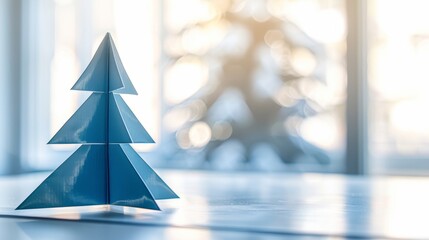 A blue origami Christmas tree placed on a table, creating a festive and unique decoration for the holiday season