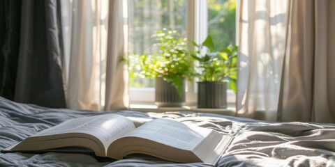 An open book laying on a neatly made bed with sunny sunlight streaming in through the curtains