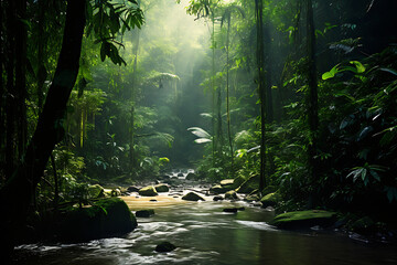 The sun's rays highlight the lush rainforest, highlighting the calm river flowing with moss-covered rocks - obrazy, fototapety, plakaty