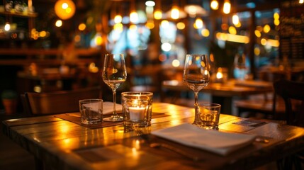 A wooden table set with multiple glasses of wine and neatly folded napkins, creating an inviting restaurant ambiance - obrazy, fototapety, plakaty