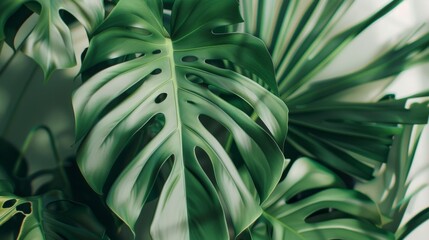 Fototapeta na wymiar Detailed view of vibrant green leaves on a Monstera plant
