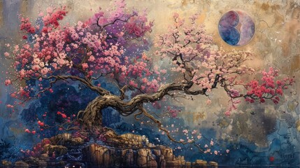 A delicate watercolor painting of a tree in bloom its branches adorned with intricate mandala patterns and the Yin Yang symbol. The contrast between the softness of the painting
