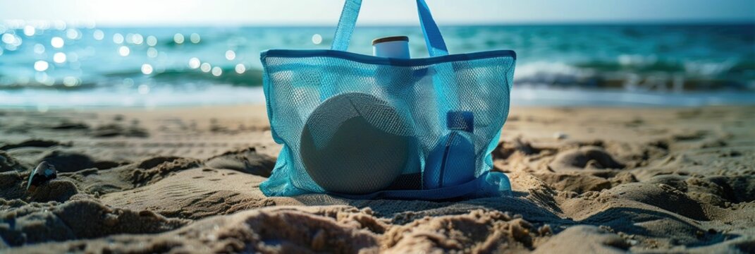 Beach bag filled with various items essential for a day at the beach The transparent bag allows for easy visibility and access to the contents,making it a practical