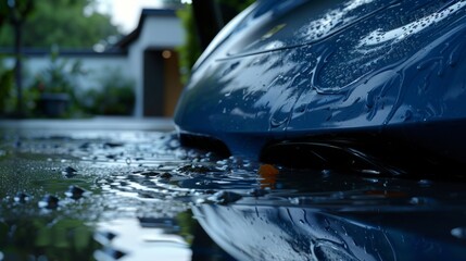 A blue car parked neatly on a wet street after a thorough manual wash, reflecting the surrounding lights