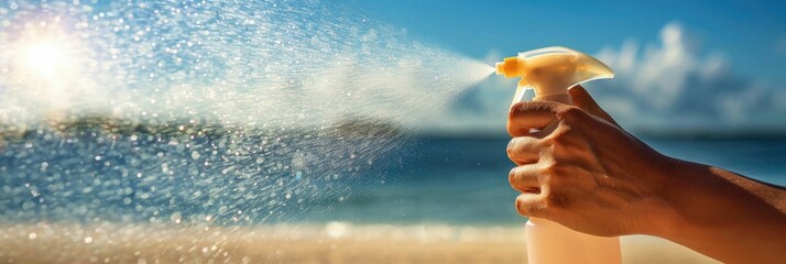 Person's hand holding a spray bottle,misting a refreshing cooling liquid onto their skin under the hot sun The ocean and sky are visible in the background