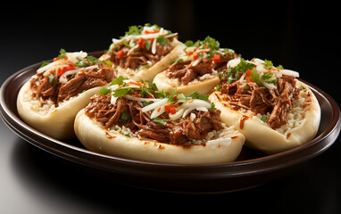 Fototapeta premium potato dumplings with meat and vegetables on a black background