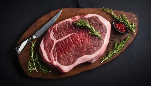 Top View of Dry-Aged Cowboy Ribeye Steak on Black Background