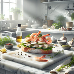 Stjerneskud Sandwich on Marble with Fresh Herbs - obrazy, fototapety, plakaty
