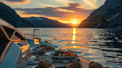 southern Norwegian summer, boat , summer sunset, dieing in background, eating sea food ​ - obrazy, fototapety, plakaty