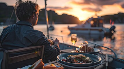 southern Norwegian summer, boat , summer sunset, dieing in background, eating sea food   - obrazy, fototapety, plakaty