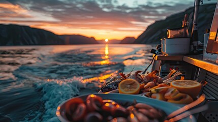 southern Norwegian summer, boat , summer sunset, dieing in background, eating sea food ​