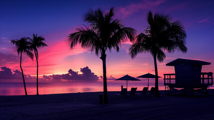 Twilight Paradise: Pink and Purple Sunset Casting a Dreamy Glow on Beach, Silhouetting Sun Beds and Umbrellas, Creating an Idyllic Oasis of Relaxation
