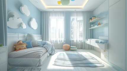spacious children's room without furniture, blue tones ​