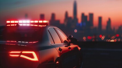 A police car parked in front of a city skyline, with glowing lights illuminating the area - obrazy, fototapety, plakaty