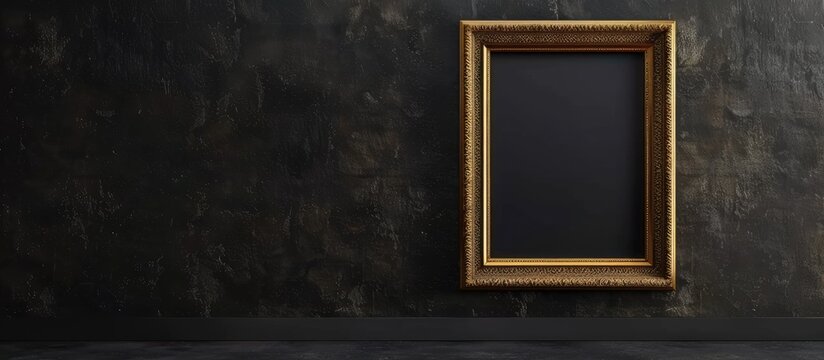 Gilded frame hanging on dark wall with empty space for exhibition. Template for art and pictures.