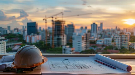 A hard hat is placed on top of a wooden table