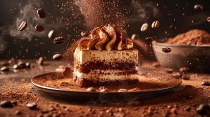 Fotobehang Lavish tiramisu with a dramatic cocoa powder explosion captures the essence of fine dessert artistry on a plate © road to millionaire