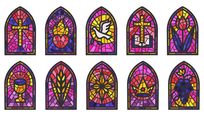 Church glass windows. Stained mosaic catholic frames with cross, book and religious symbols. Vector set isolated on white background